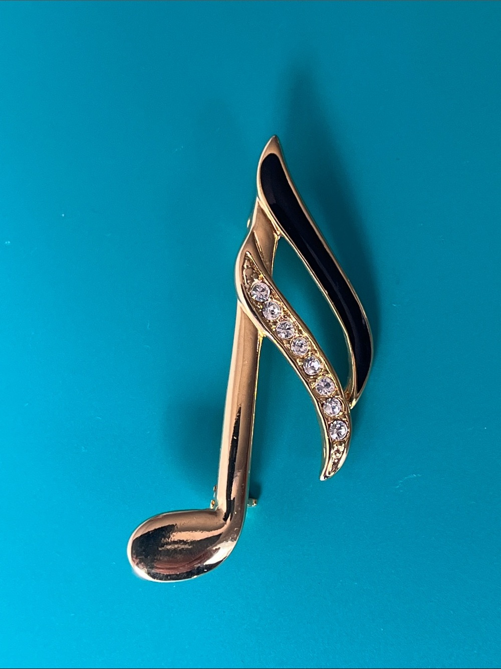 Vintage Gold Tone Sixteenth Note Brooch with Rhinestones and Black Enamel